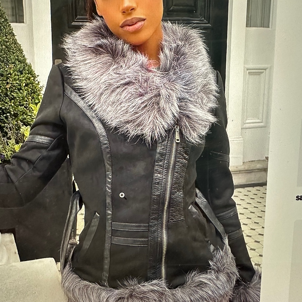 FAUX FUR JACKET BLACK/COMBO NWT SIZE S